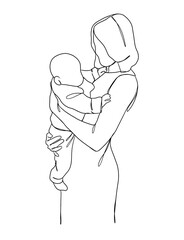 Continuous one line drawing of mom holding baby. Vector illustration.