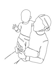 Continuous one line drawing of mom holding baby. Vector illustration.