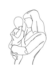 Continuous one line drawing of mom holding baby. Vector illustration.