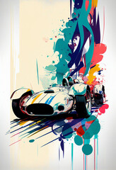 Racing vintage formula car colorful illustration for competition vertical poster, splash art on white background, copy space. Generative AI
