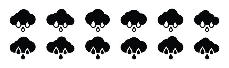 Rain weather icon set. Heavy rain weather icons collection. Rainfall icon symbol. Raindrops and clouds symbol in flat style for apps and websites, vector illustration