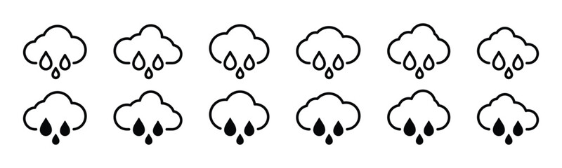 Rainy weather icon set. Heavy rain weather icons collection. Rainfall icon symbol. Raindrops and clouds symbol in line or outline style for apps and websites, vector illustration