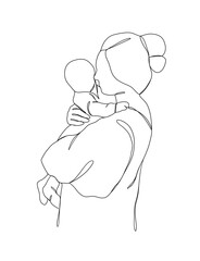 Continuous one line drawing of mom holding baby. Vector illustration.