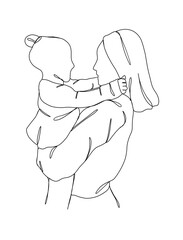 Continuous one line drawing of mom holding baby. Vector illustration.