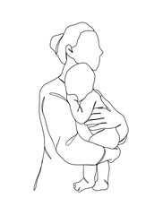 Continuous one line drawing of mom holding baby. Vector illustration.