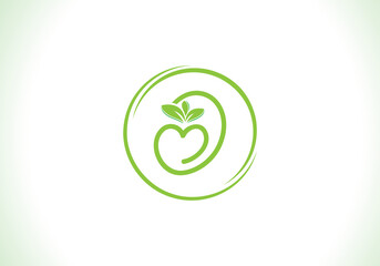 Nutrition logo and green healthy love leaf symbol with love font logo design. Heart sign leaf nature logo. Green eco letters logo