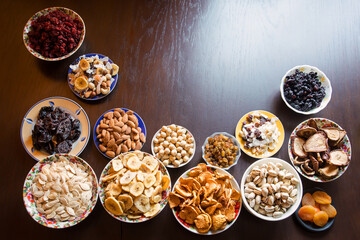Nuts, seeds and dried fruits on the table