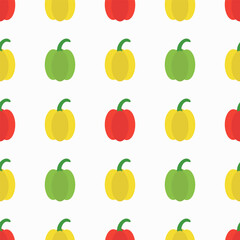 Bell pepper, seamless pattern, vector. Bell pepper red, green and yellow on a white background.