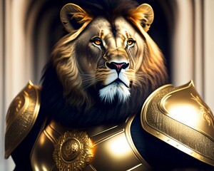 closeup portrait of a male humanoid lion wearing heavy gold combat armor, realistic illustration of the king of jungle standing like a majestic warrior ready for a battle, Generative Ai