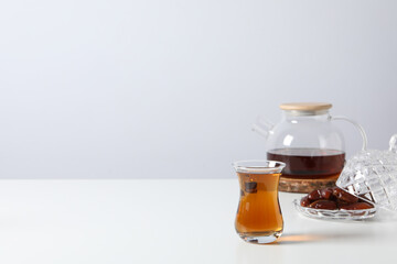 Concept of traditional turkish brewed hot drink, turkish tea, space for text