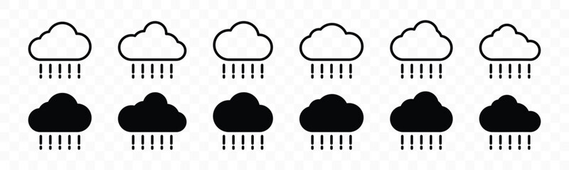 Rain weather icon set. Heavy rain weather icons collection. Rainfall icon on transparent background. Raindrops and clouds symbol in line and flat style for apps and websites, vector illustration