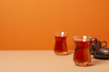 Concept of traditional turkish brewed hot drink, turkish tea, space for text