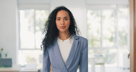 Business woman and face with stop hand for assertive and serious gesture for rejection at workplace. Corporate black woman in office portrait with palm zoom for warning, discrimination or harassment