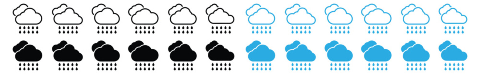 Rain weather icon set. Heavy rain weather icons collection. Rainfall icon symbol. Raindrops and clouds symbol in line and flat style for apps and websites, vector illustration
