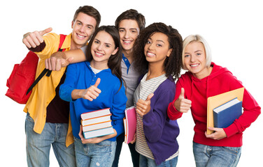 Group of Students with books gesturing thumbs up isolated on white background
