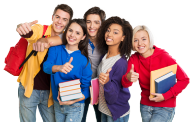Group of Students with books gesturing thumbs up isolated on white background