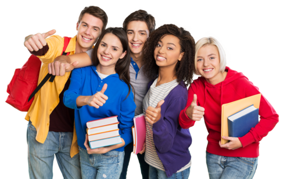 Group of Students with books gesturing thumbs up isolated on white background
