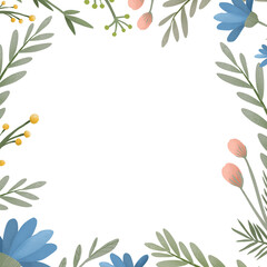 Pastel frame template with pink and blue flowers. Border for cards, kids invitations, posters, save the date or greet save the date card. 