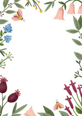 Botanical frame with green floral elements and burgundy flowers. Border template for cards, wedding invitation, posters, save the date or greeting design.