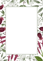 Botanical frame with green floral elements and burgundy flowers. Border template for cards, wedding invitation, posters, save the date or greeting design.