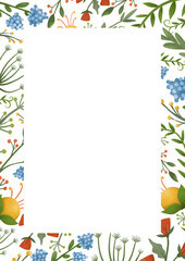 Fototapeta premium Bright floral frame template with blue, yellow, orange flowers. Hand painted illustration for cards, wedding invitation, posters, banners.