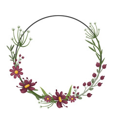 Invitation design frame template with burgundy flowers and green leaves. Background round wreath with floral elements. 