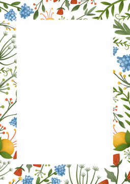 Bright floral frame template with blue, yellow, orange flowers. Hand painted illustration for cards, wedding invitation, posters, banners.