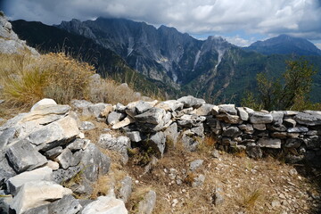 War trench. War trench of the Gothic Line in Versilia. Panorama of Versilia from Monte Folgorito in the Apuan Alps. Apuan Alps, Tuscany, Italy. 