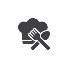 Fototapeta premium Chief hat with crossed fork and spoon vector icon