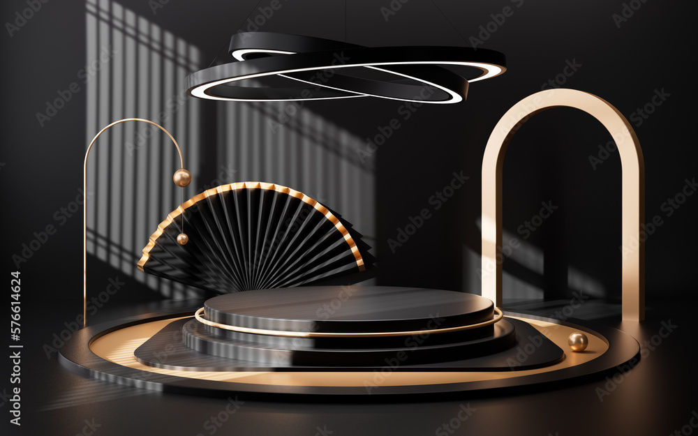 Poster chinese style empty stage with interior geometric architecture, 3d rendering.