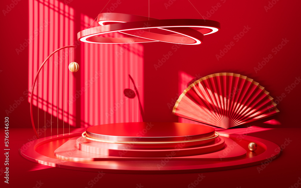 Poster chinese style empty stage with interior geometric architecture, 3d rendering.