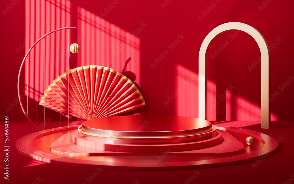 Poster chinese style empty stage with interior geometric architecture, 3d rendering.