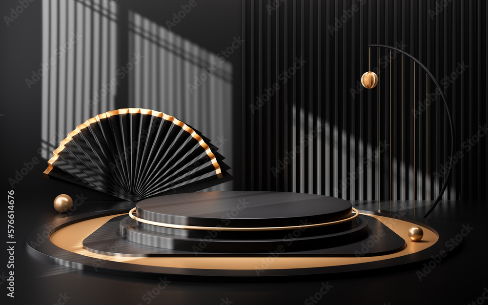 Poster chinese style empty stage with interior geometric architecture, 3d rendering.