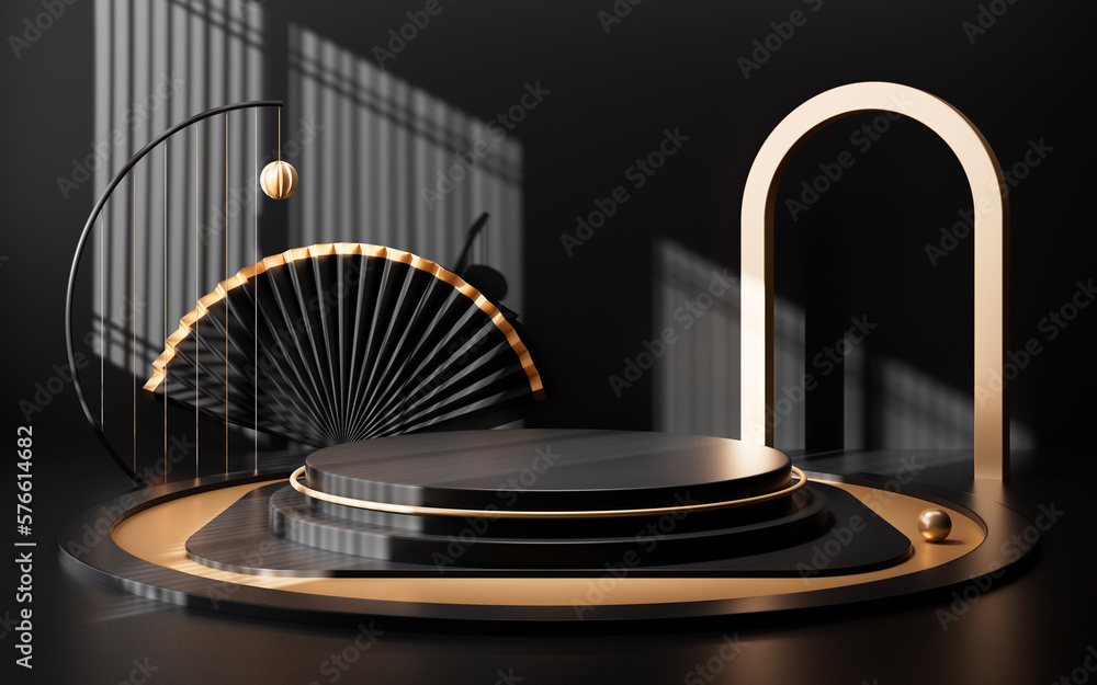 Poster chinese style empty stage with interior geometric architecture, 3d rendering.