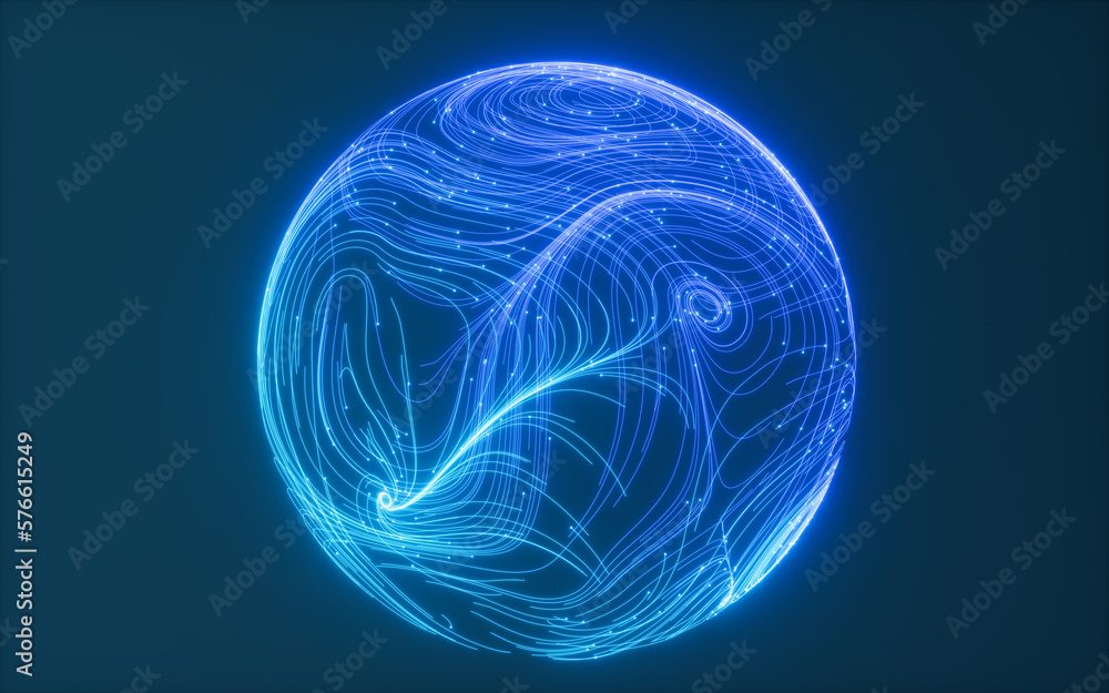 Poster abstract flowing lines and glowing particles, 3d rendering.