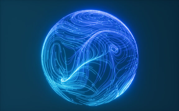 Abstract flowing lines and glowing particles, 3d rendering.