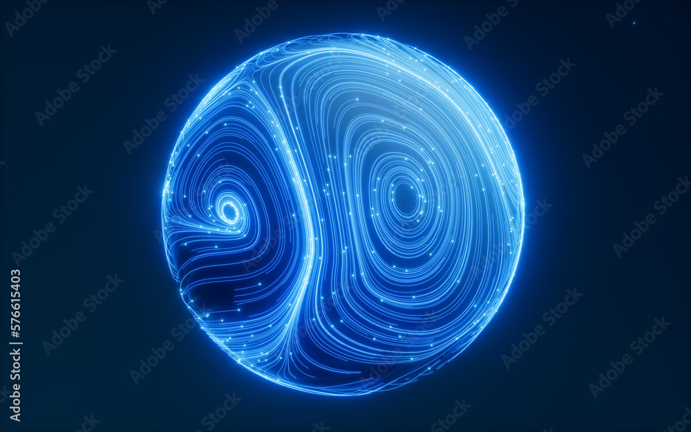 Fototapete abstract flowing lines and glowing particles, 3d rendering.