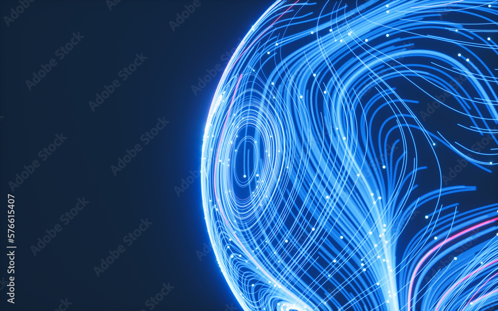 Poster abstract flowing lines and glowing particles, 3d rendering.