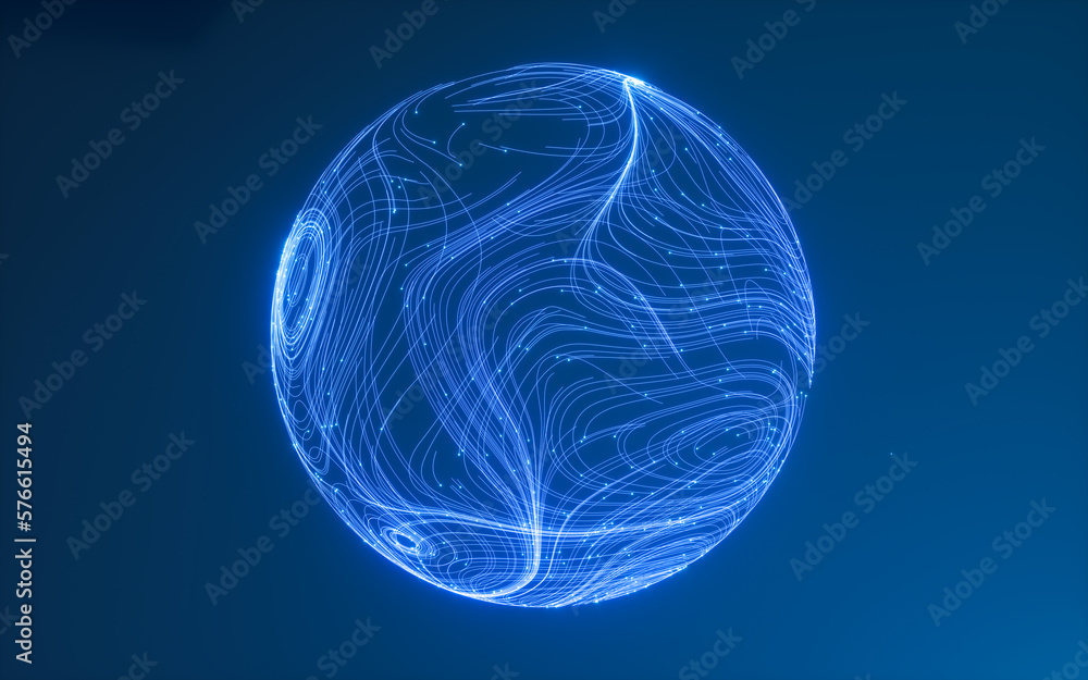 Poster abstract flowing lines and glowing particles, 3d rendering.