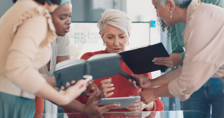 Business, woman and multitasking with stress, chaos and anxiety with team, workplace and time management. Female leader, employee and mature lady with burnout, manager busy or confused with deadlines