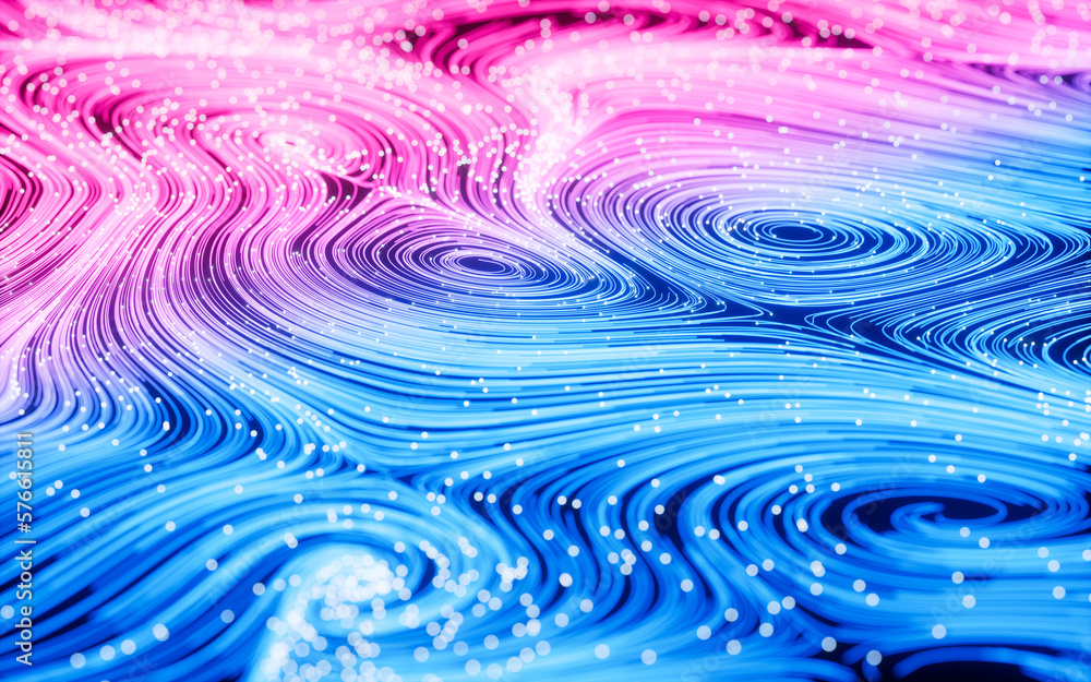 Poster flowing lines and glowing particles, neon lines background, 3d rendering.