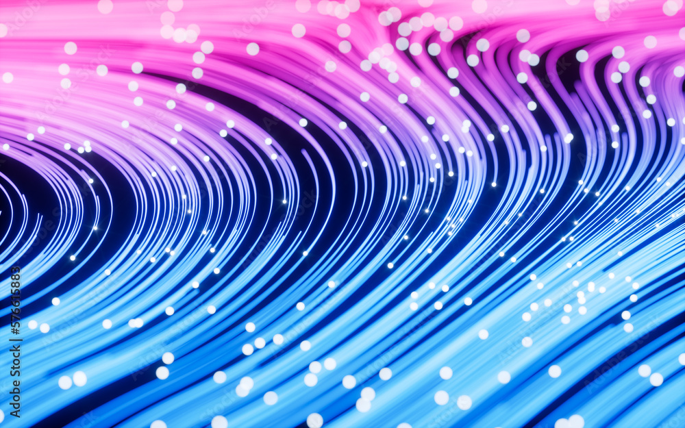Aufkleber flowing lines and glowing particles, neon lines background, 3d rendering.
