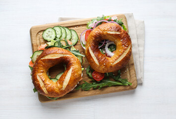 Concept of delicious food - tasty bagel sandwich, top view