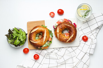 Concept of delicious food - tasty bagel sandwich, top view