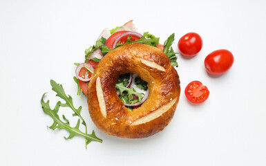Concept of delicious food - tasty bagel sandwich