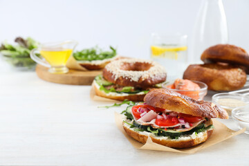 Concept of delicious food - tasty bagel sandwich, space for text