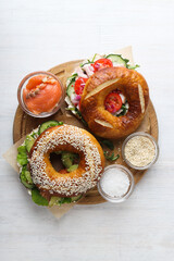 Concept of delicious food - tasty bagel sandwich, top view