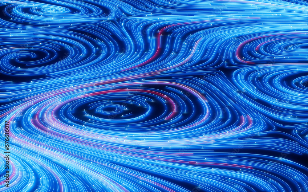 Poster flowing lines and glowing particles, neon lines background, 3d rendering.