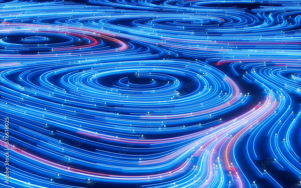 Poster flowing lines and glowing particles, neon lines background, 3d rendering.