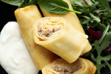 Concept of tasty food, thin pancakes with filling